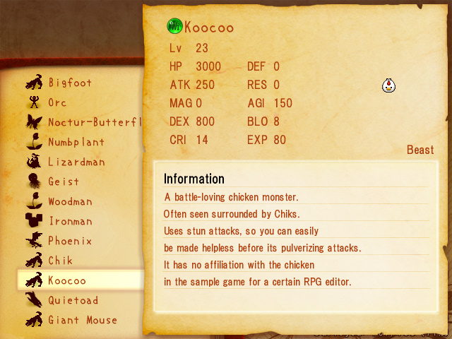 Monster book entry for the Koocoo enemy